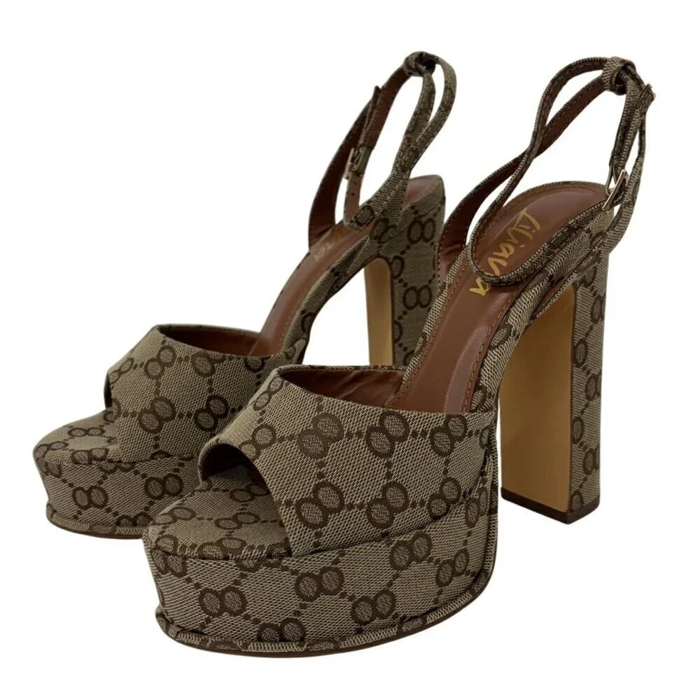 LILIANA  / Josy-6 / Beige Monogram / Platform / Heels With Adjustable Ankle